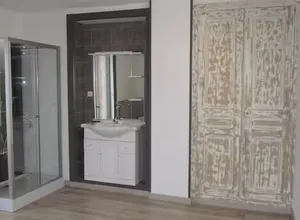 Une salle de bain avec cabine de douche et meuble vasque