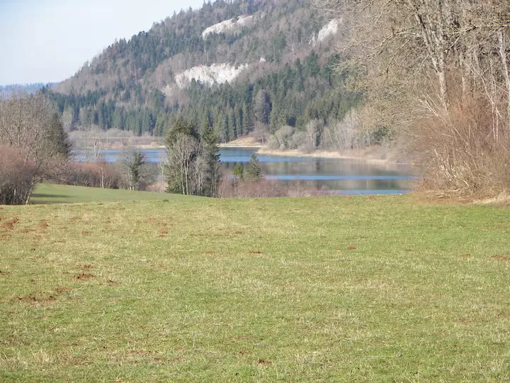 Le lac d'Étival vu depuis la prairie voisine